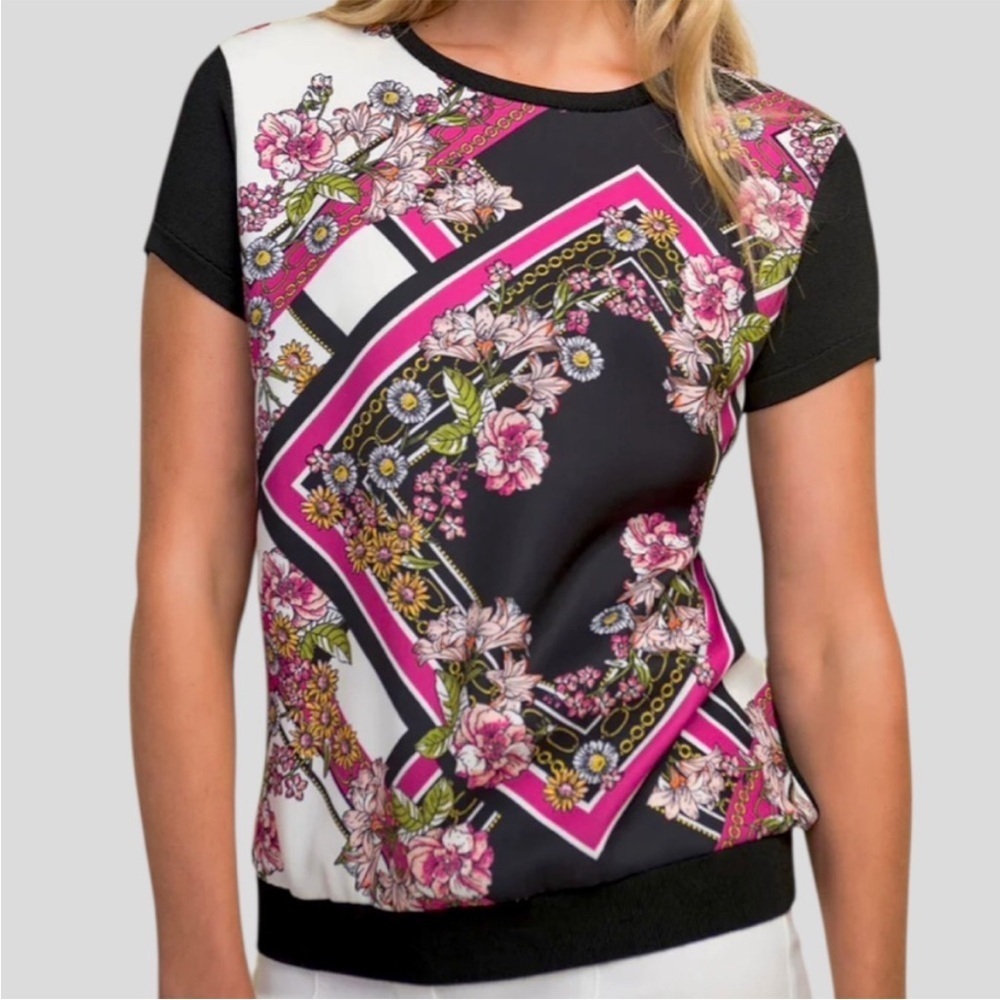 NWOT Joseph Ribkoff Floral / Chain S/S
Sweater Top Size Small Retail $143.00